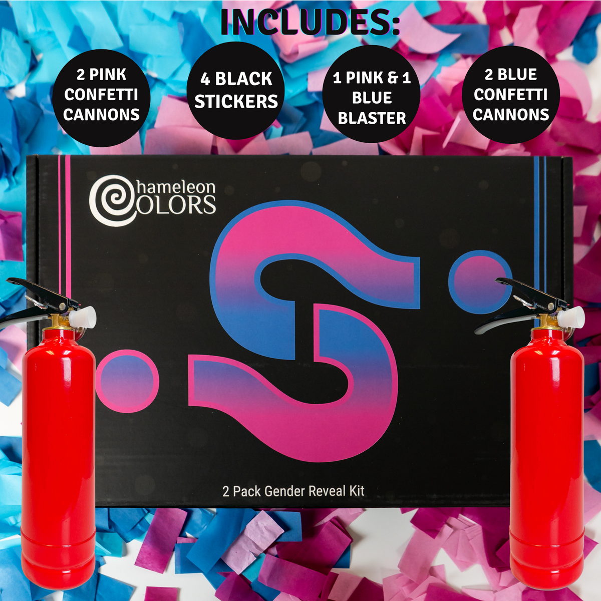 Gender Reveal Confetti Cannons and Extinguishers 2 Pink and 2 Blue B