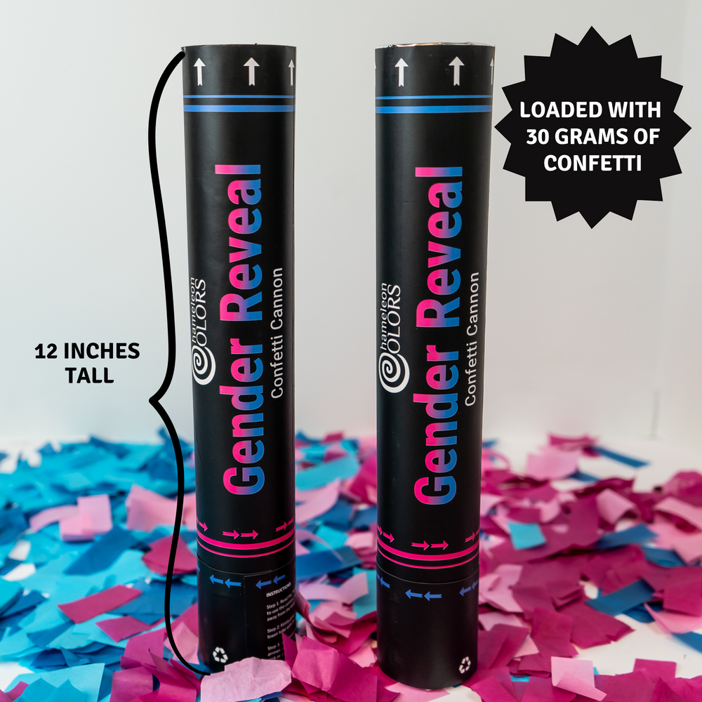Gender Reveal Confetti Cannons and Color Blasters - Includes 2 Pink and 2 Blue Baby Reveal Cannons and 1 Pink and 1 Blue Color Blaster - Chameleon Colors