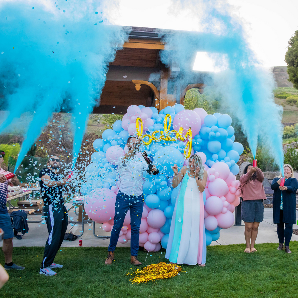 Gender Reveal Confetti Cannons and Color Blasters - Includes 2 Pink and 2 Blue Baby Reveal Cannons and 1 Pink and 1 Blue Color Blaster - Chameleon Colors