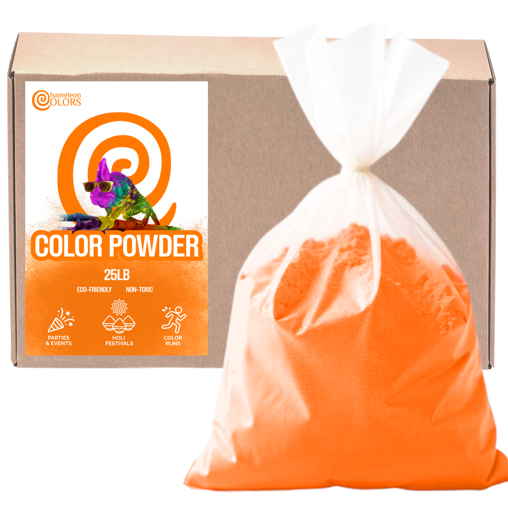 Chameleon Colors orange color run powder in branded white bag, wholesale color powder packaging.