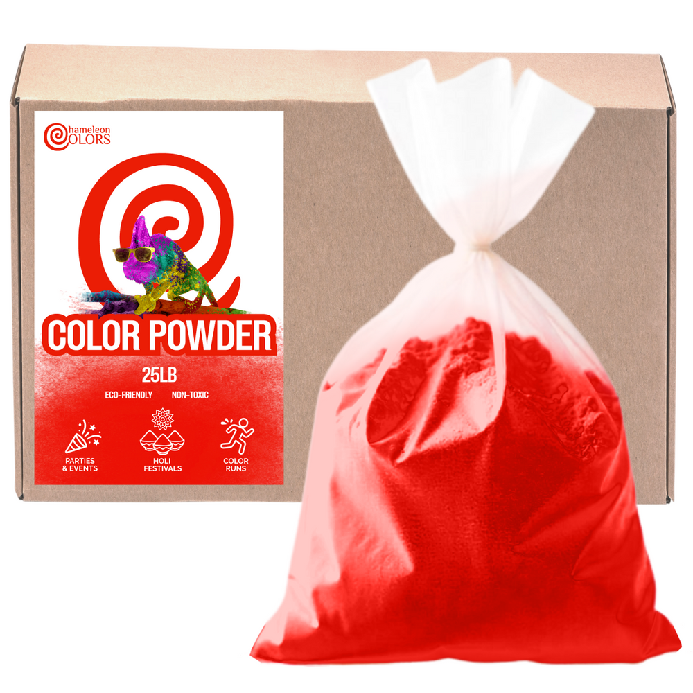 Chameleon Colors red holi festival powder in small container, vibrant color run powder.